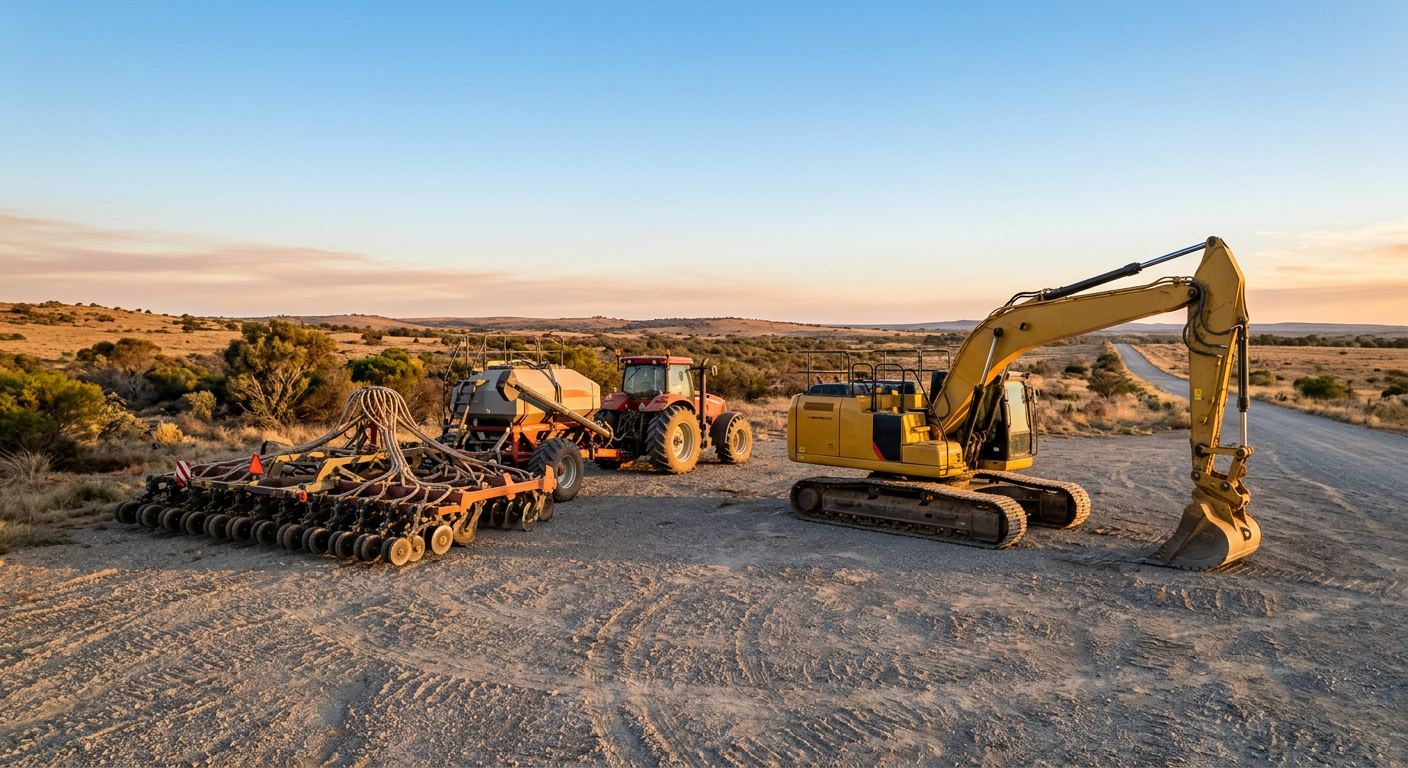 Agricultural seeding equipment and a yellow excavator parked on a dry gravel yard
