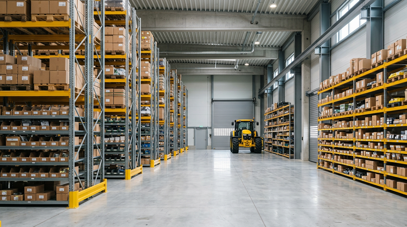 Interior of a machinery parts warehouse with tall shelving racks stocked with boxed parts